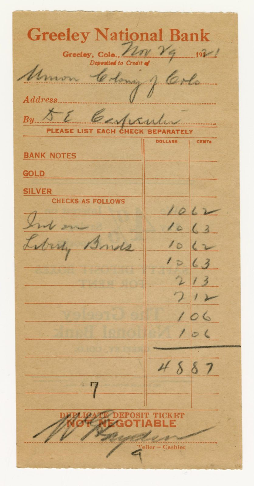 A duplicate deposit ticket with a handwritten total at the bottom