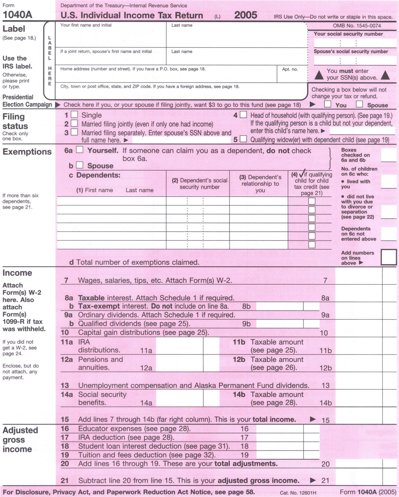 A federal individual income tax form laid flat