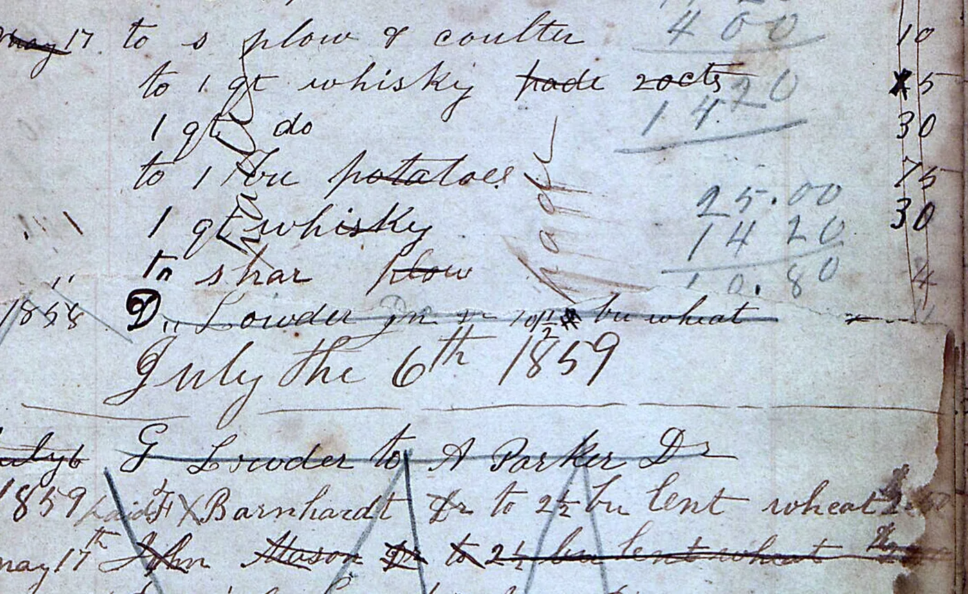A daybook page with charges written by the date