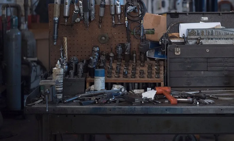 A long workbench inside a shop