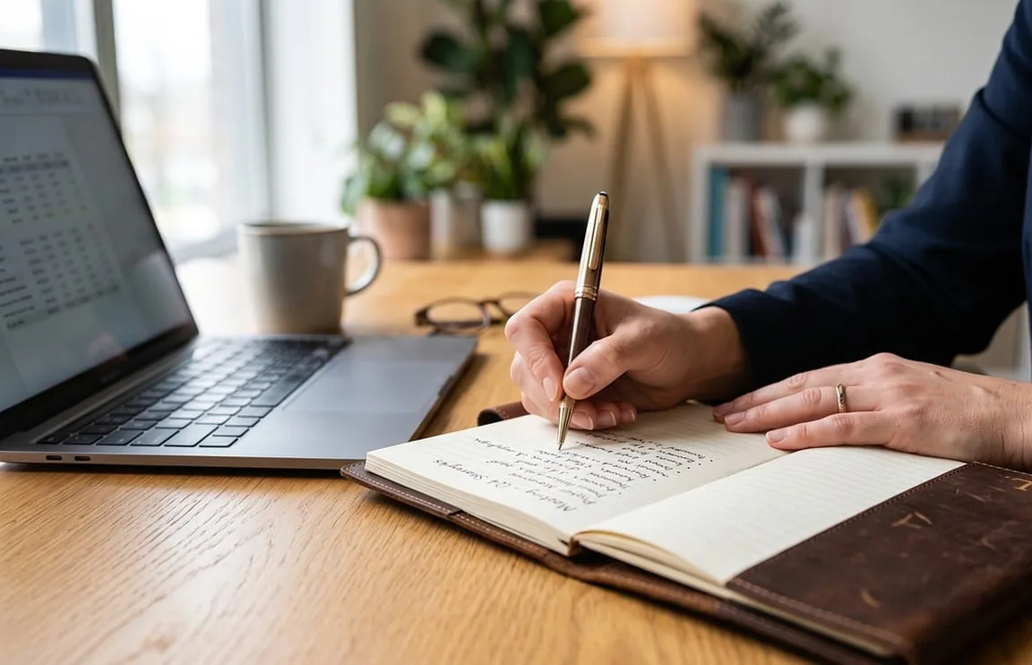 A person writes in a bound ledger beside a laptop showing a spreadsheet, the moment the shop owner turns one ticket into lines.
