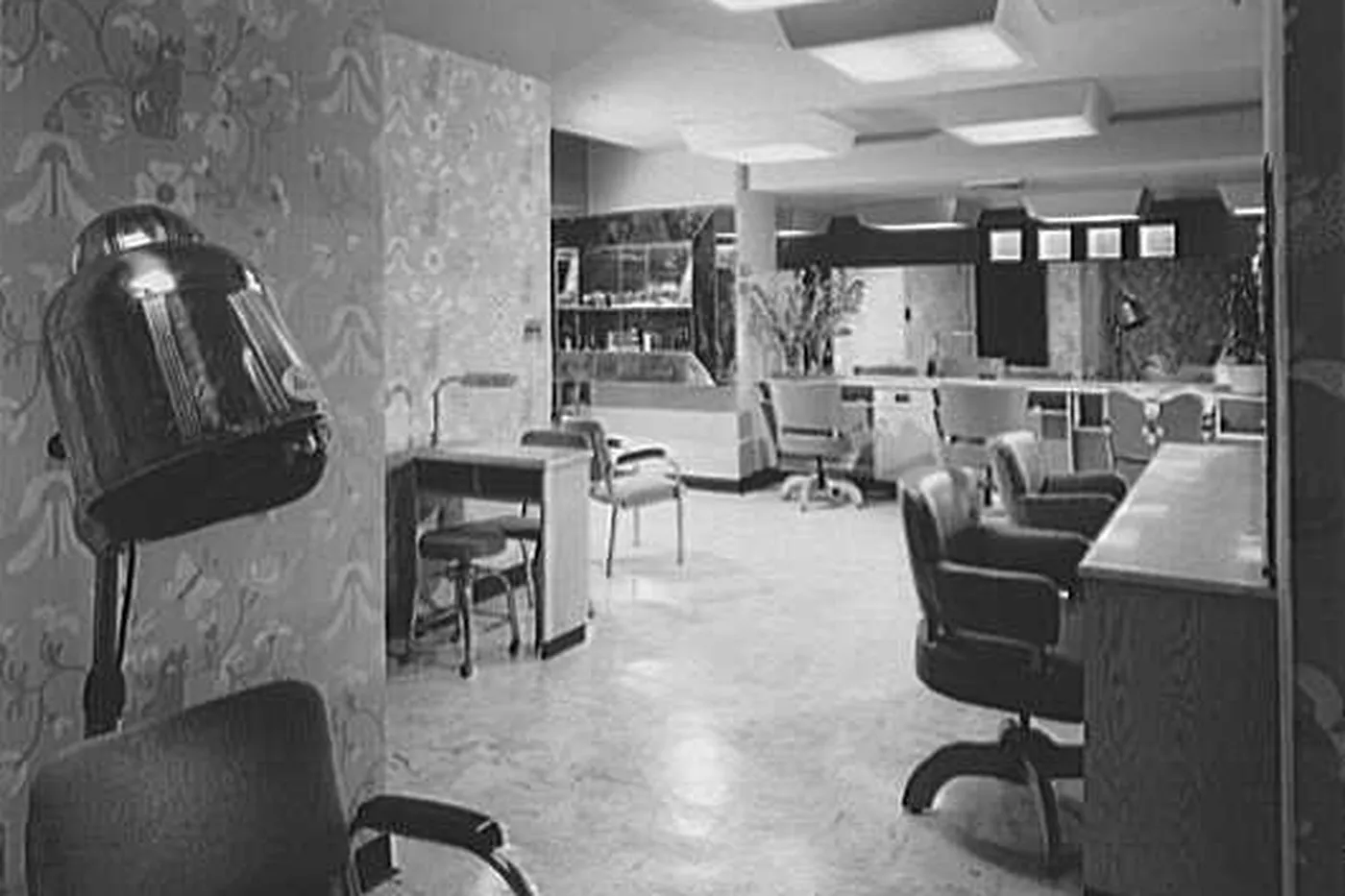 A shop room seen from the doorway, with dryer chairs and a front counter.