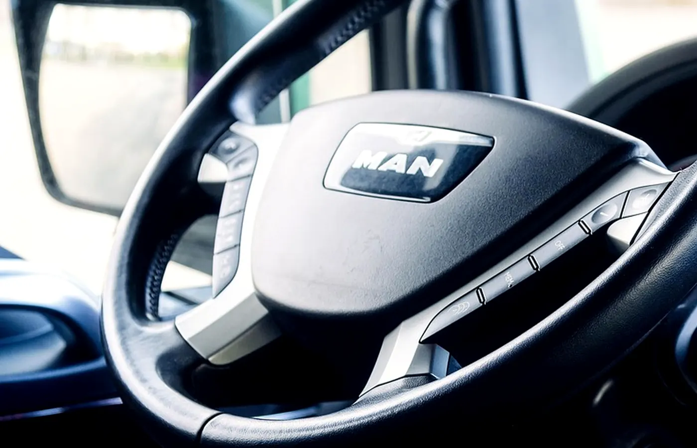 A truck cab and the steering wheel