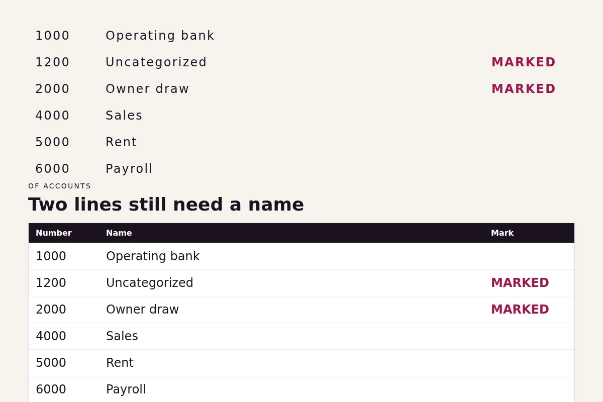 A chart of accounts with uncategorized and owner draw marked and the other lines left plain