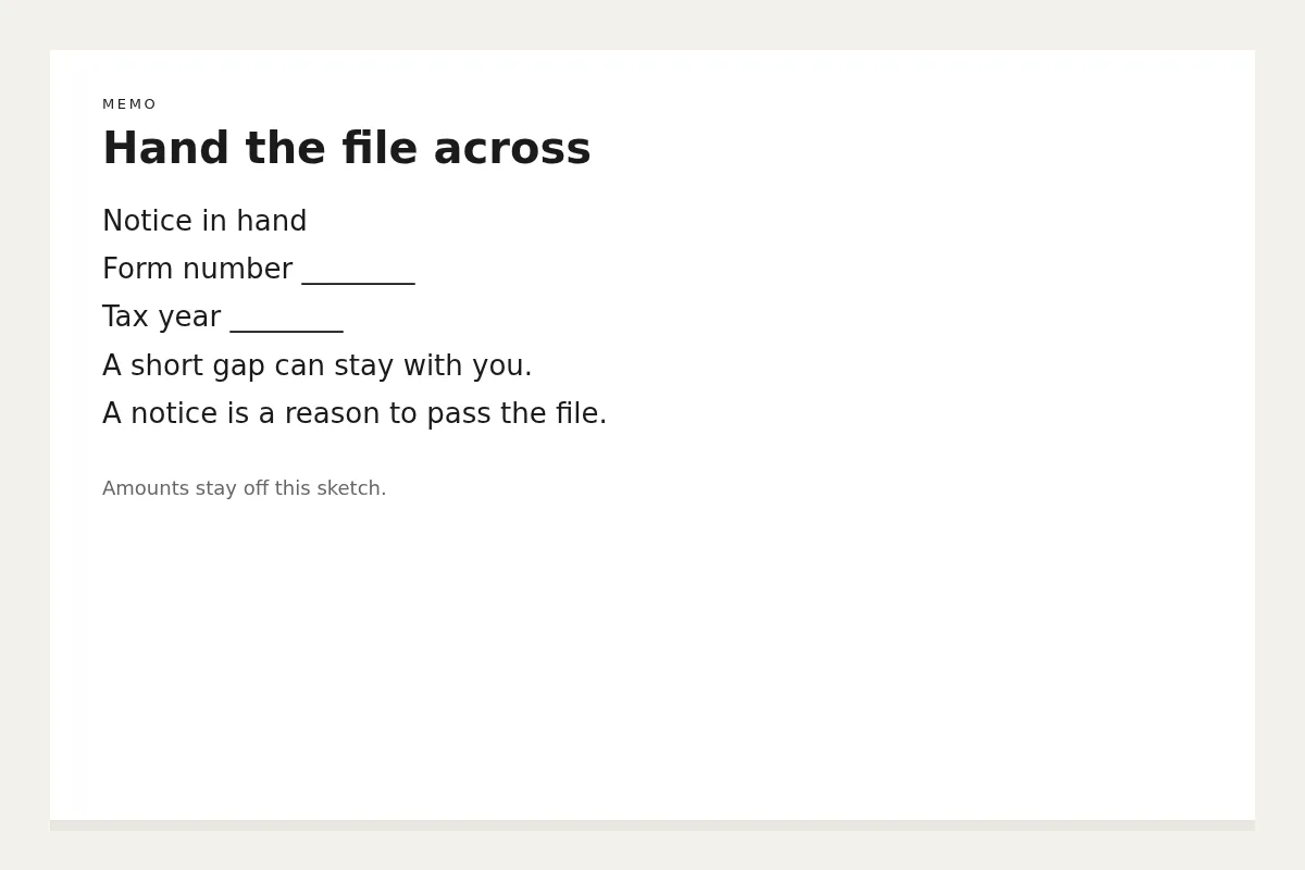 A short memo that names a notice in hand, a blank form number, and a blank tax year