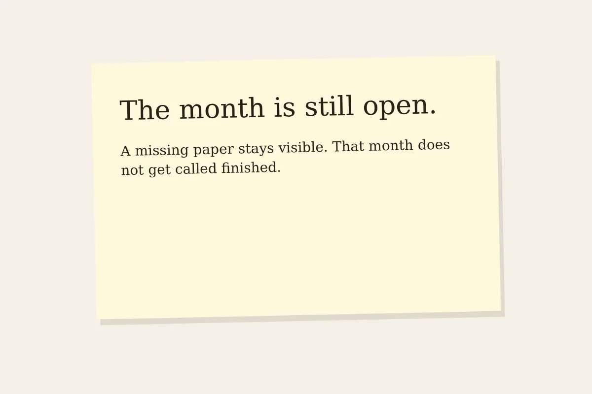 A plain note on cream paper that says the month is still open, with no cup in the frame