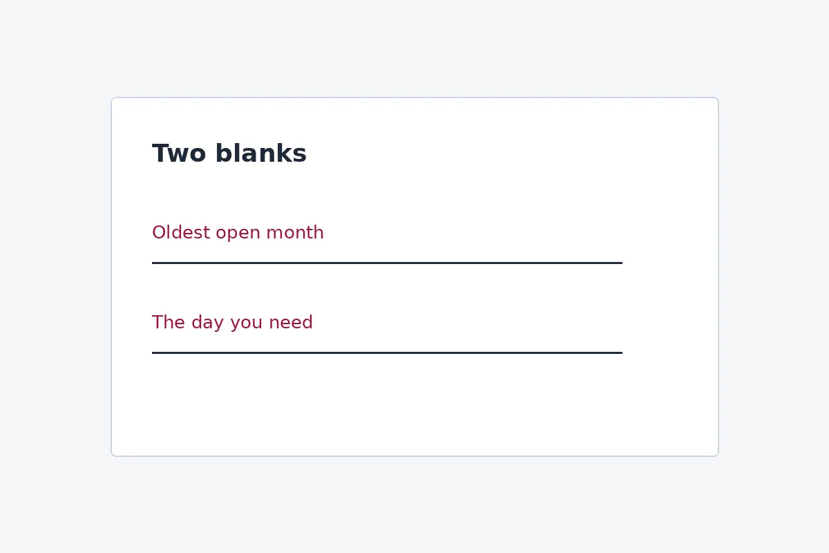 A note with two blanks, the oldest open month and the day you need