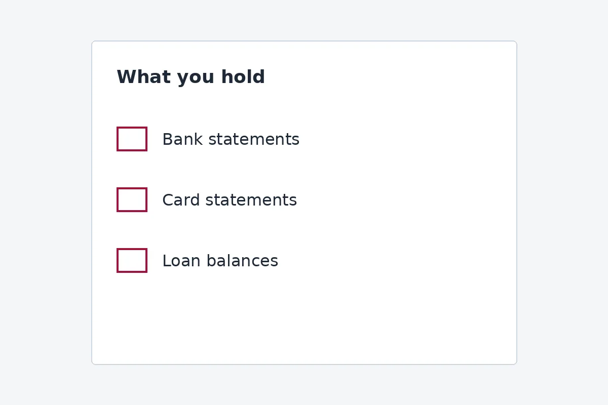 A short list of bank statements, card statements, and loan balances