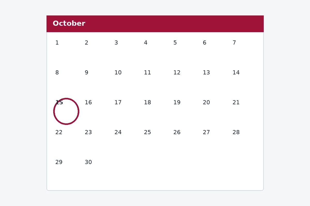 An October calendar with the 15th circled and the rest of the month still open