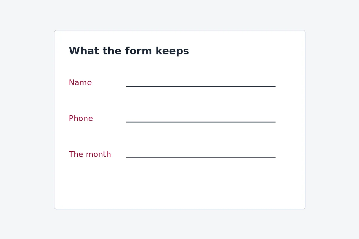 A form with lines for a name, a phone, and a month, and nothing hidden