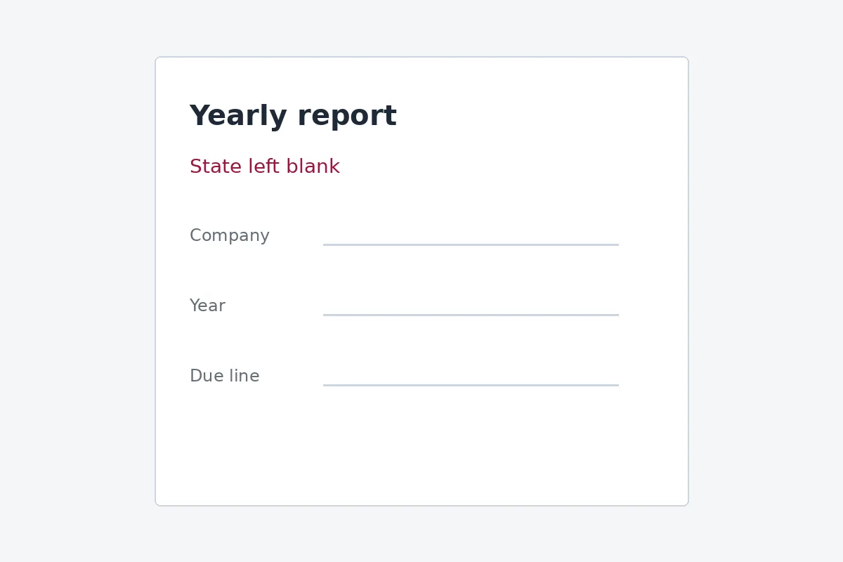 A yearly report cover with the state left blank and a due line still empty