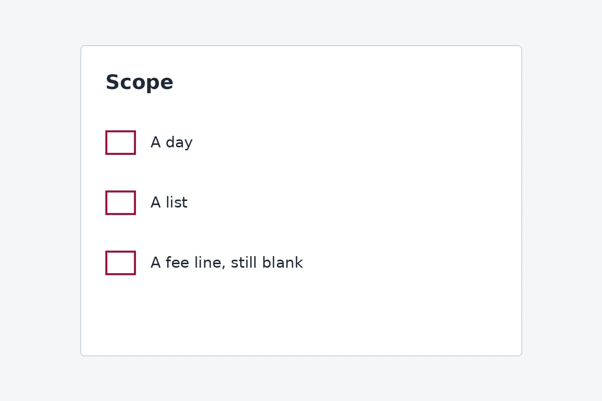A scope sheet with a day, a list, and a fee line still blank