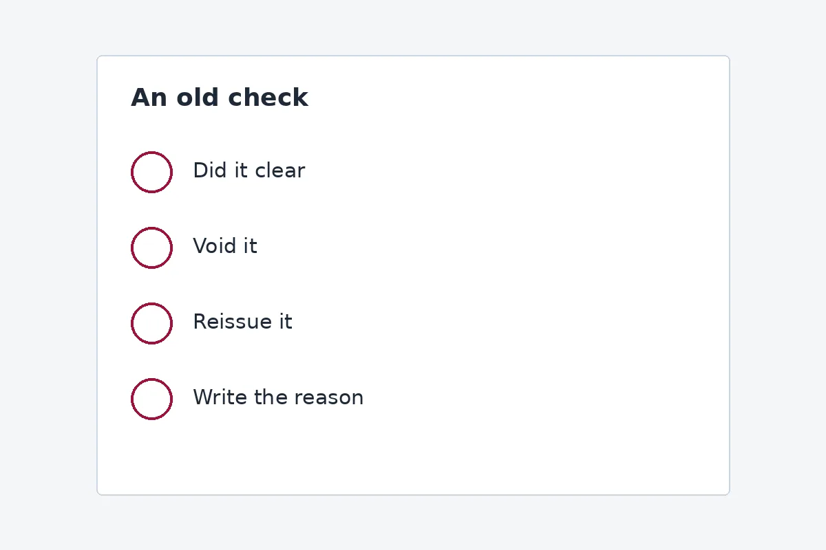 Four yes or no lines, the decision an old check is waiting on