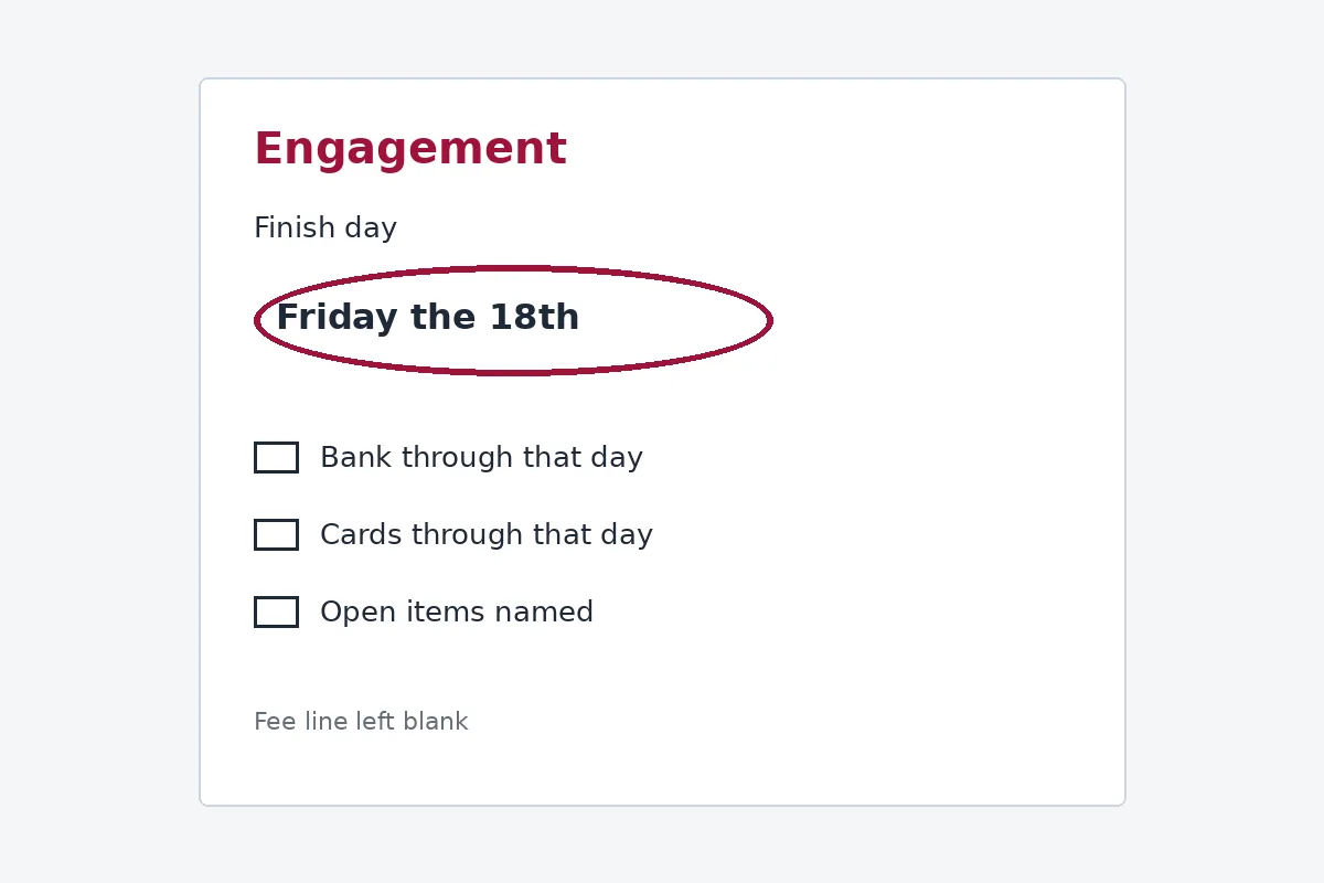 An engagement letter with Friday the 18th circled and the fee line still blank