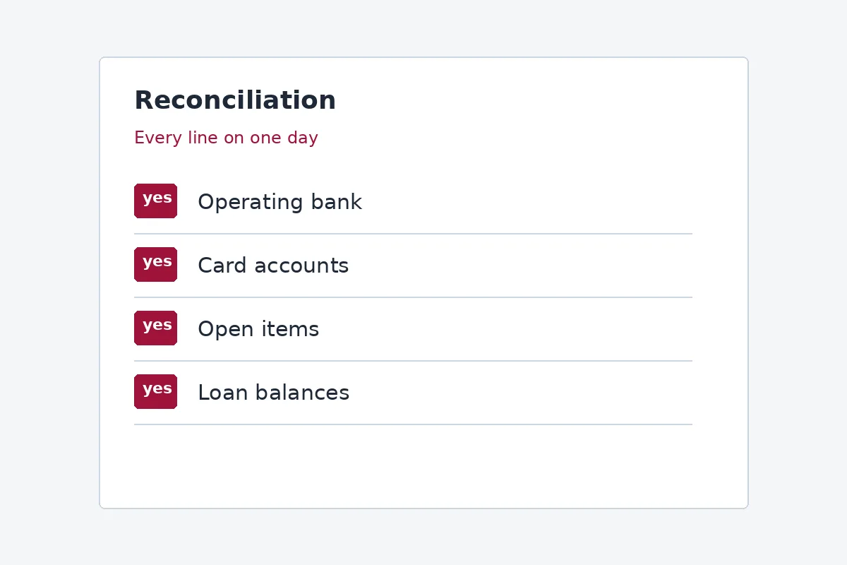 A bank reconciliation with the bank, the cards, the open items, and the loans each marked yes