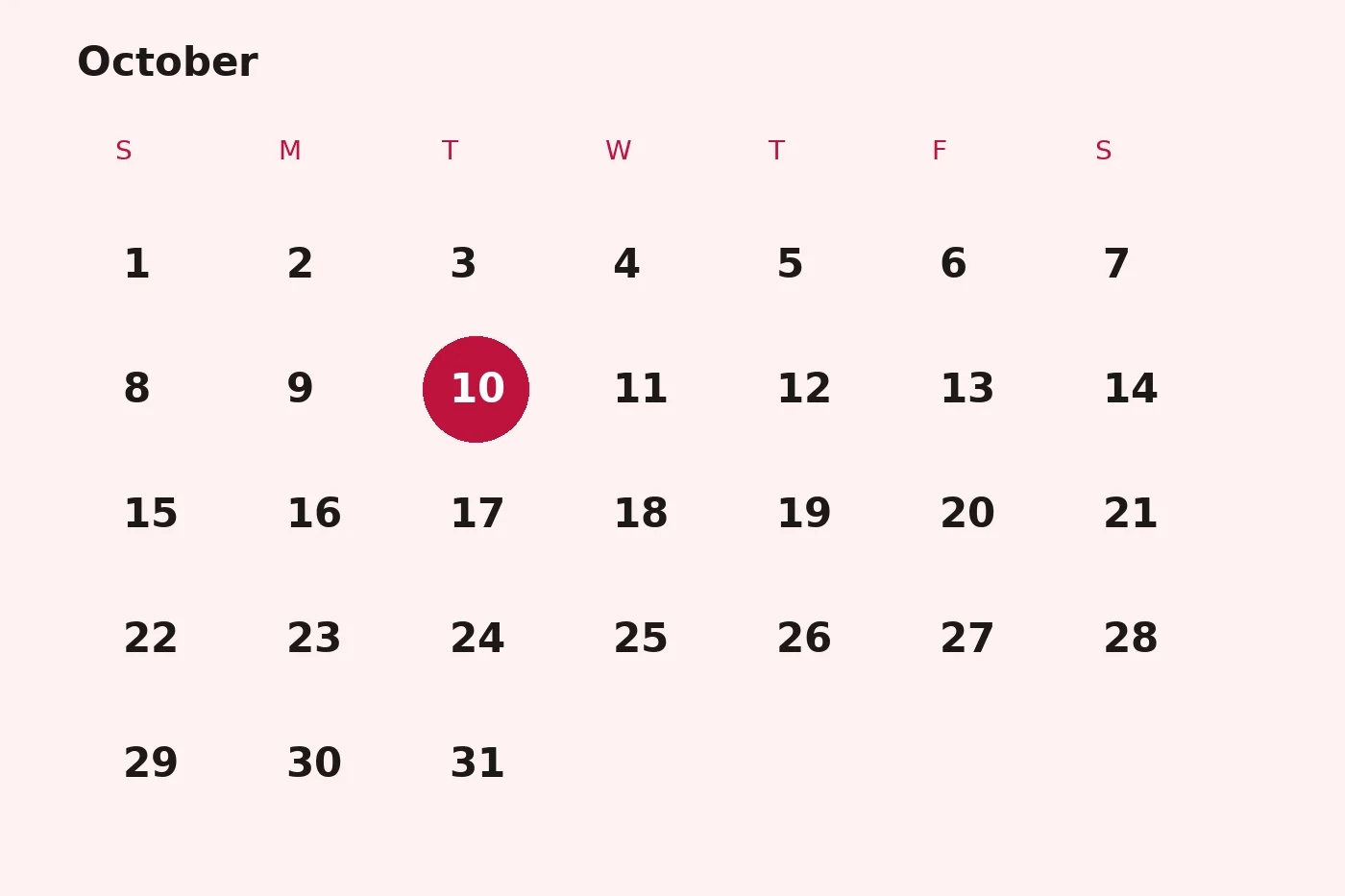 A wall calendar with the 10th marked