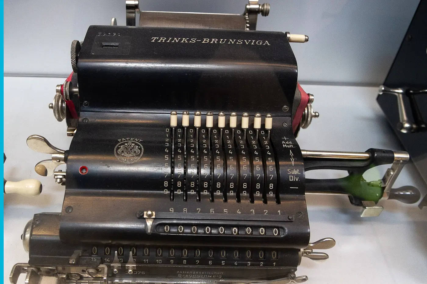 A Brunsviga calculator, the carriage of digits above the keys