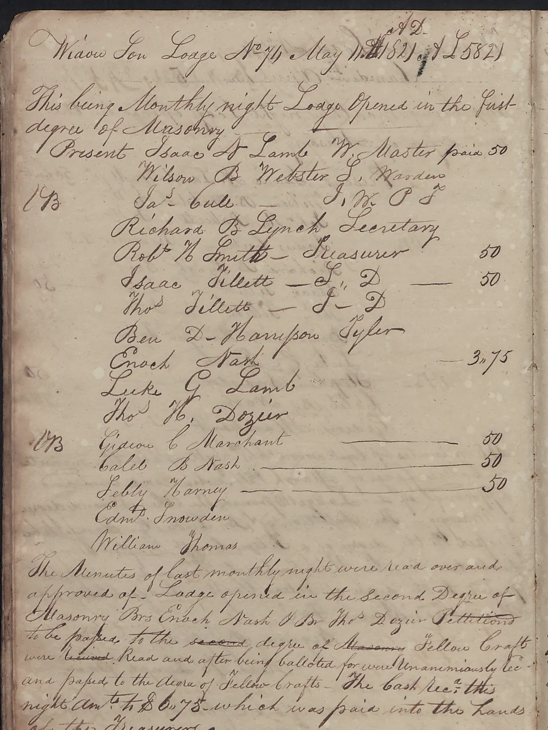 A page of handwritten minutes with amounts in the lines