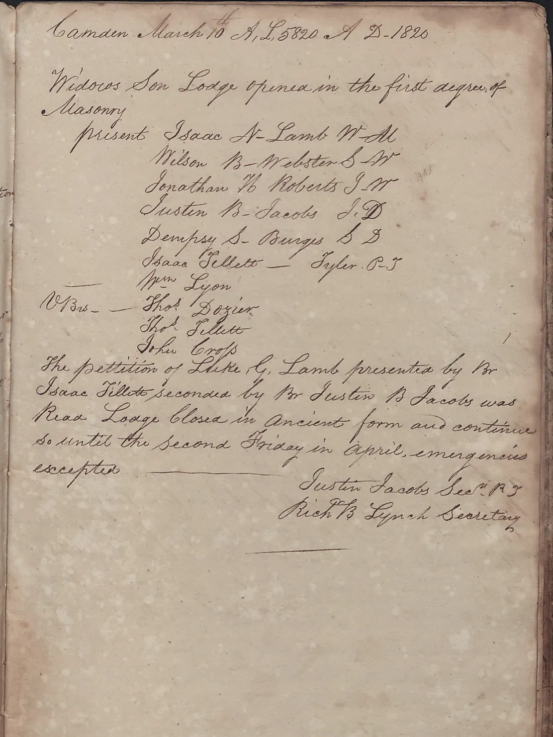 A short attendance list and a signed note in an old minute book