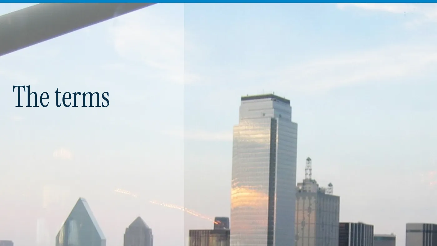 The skyline seen from Reunion Tower, with the words The terms in large type