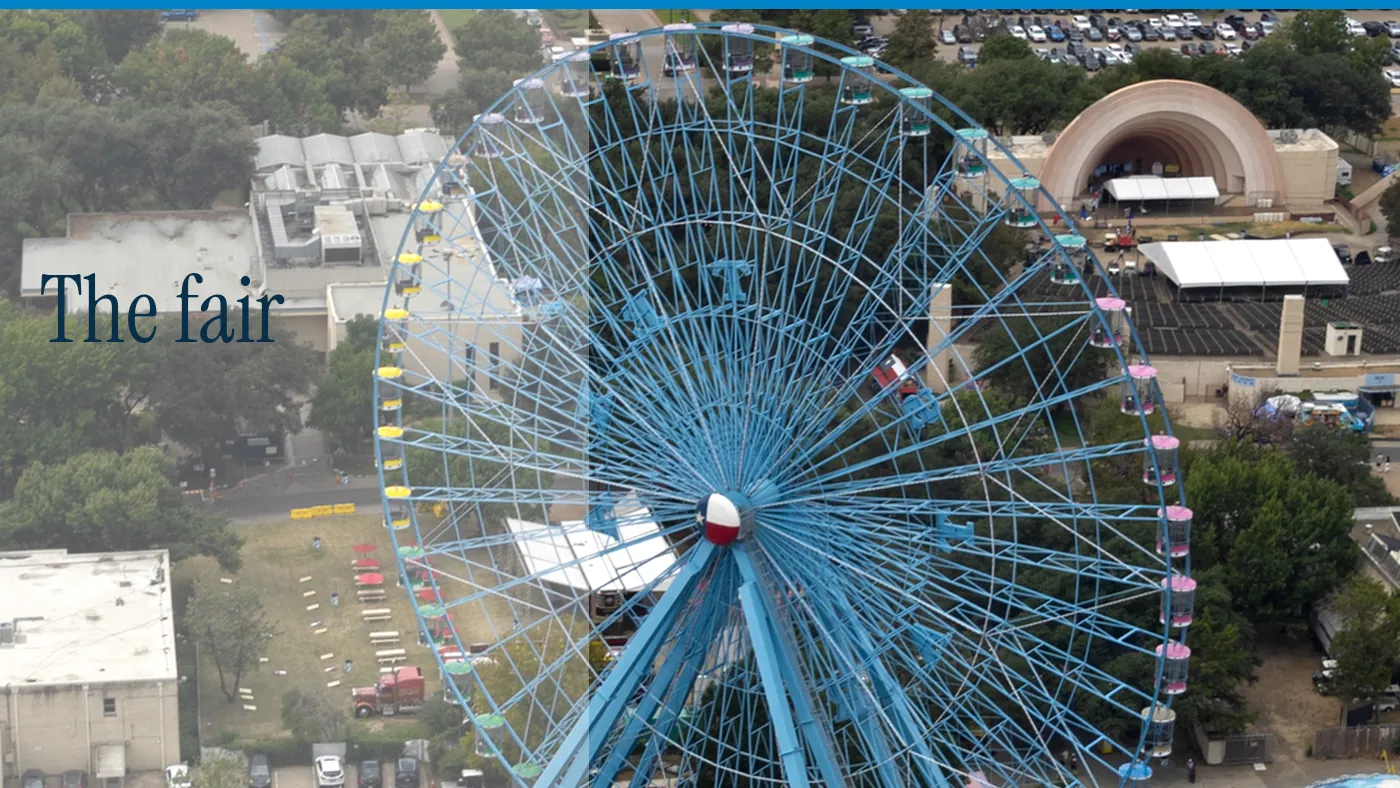 The Texas Star at the Fair Park midway, with the words The fair in large type