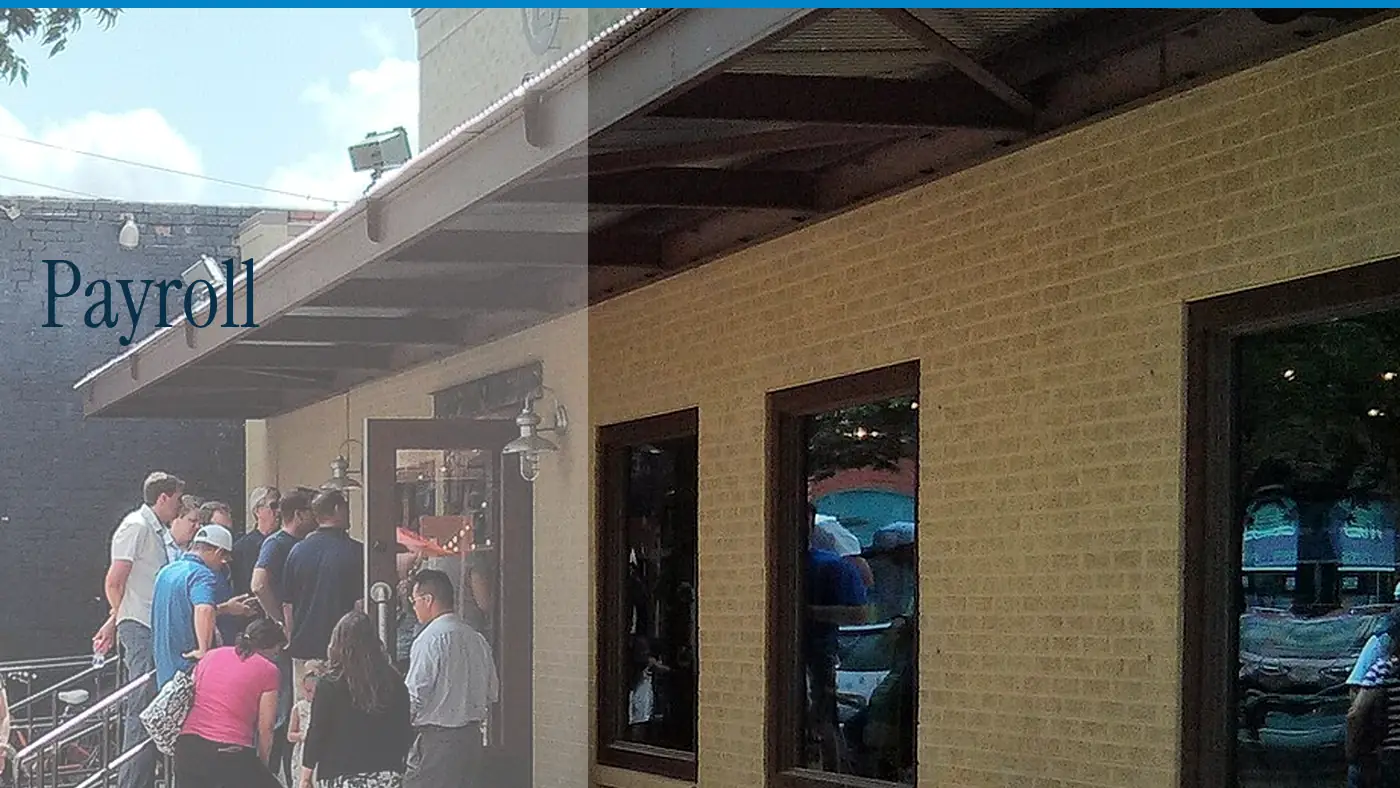 People waiting at the door of Pecan Lodge, with the word Payroll in large type
