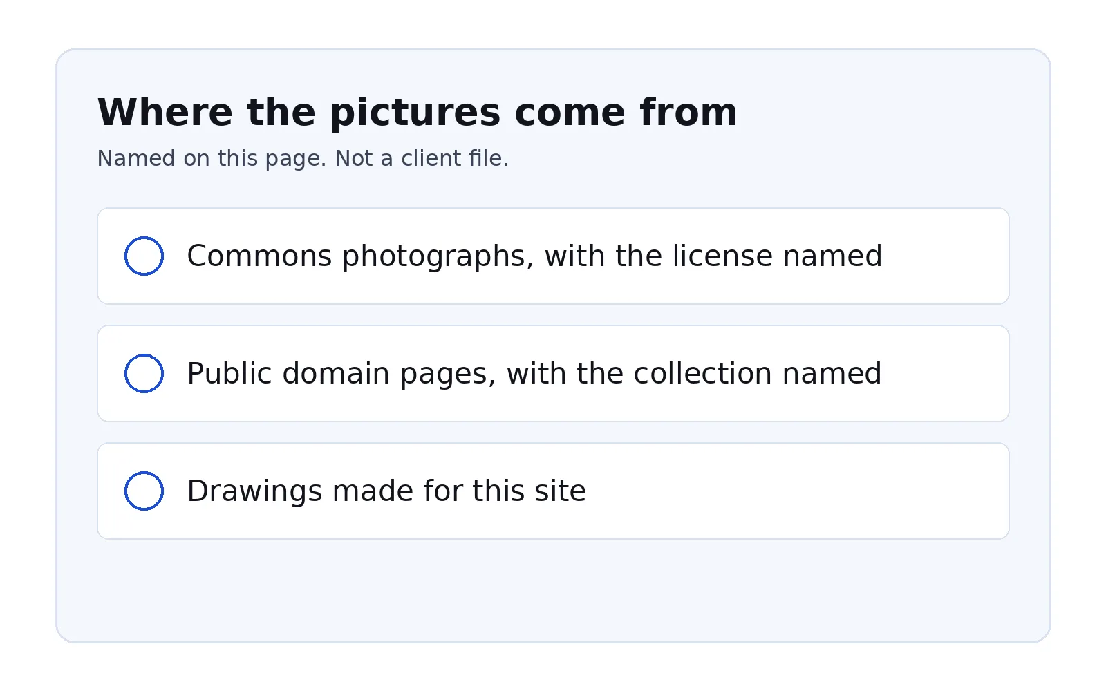 A card lists Commons photographs, public domain pages, and drawings made for this site.