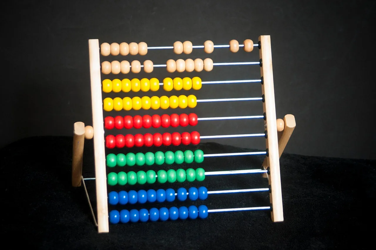 A wooden counting frame with rows of colored beads
