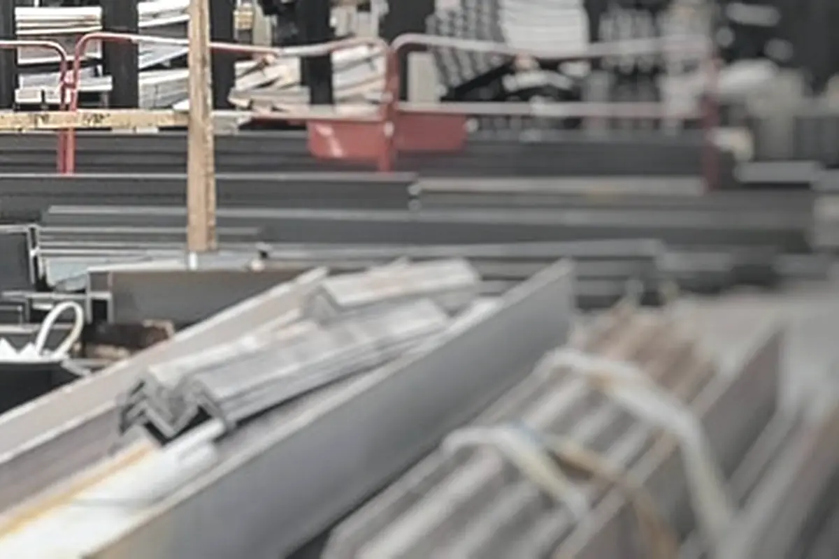 Steel beams stored in a fabrication shop