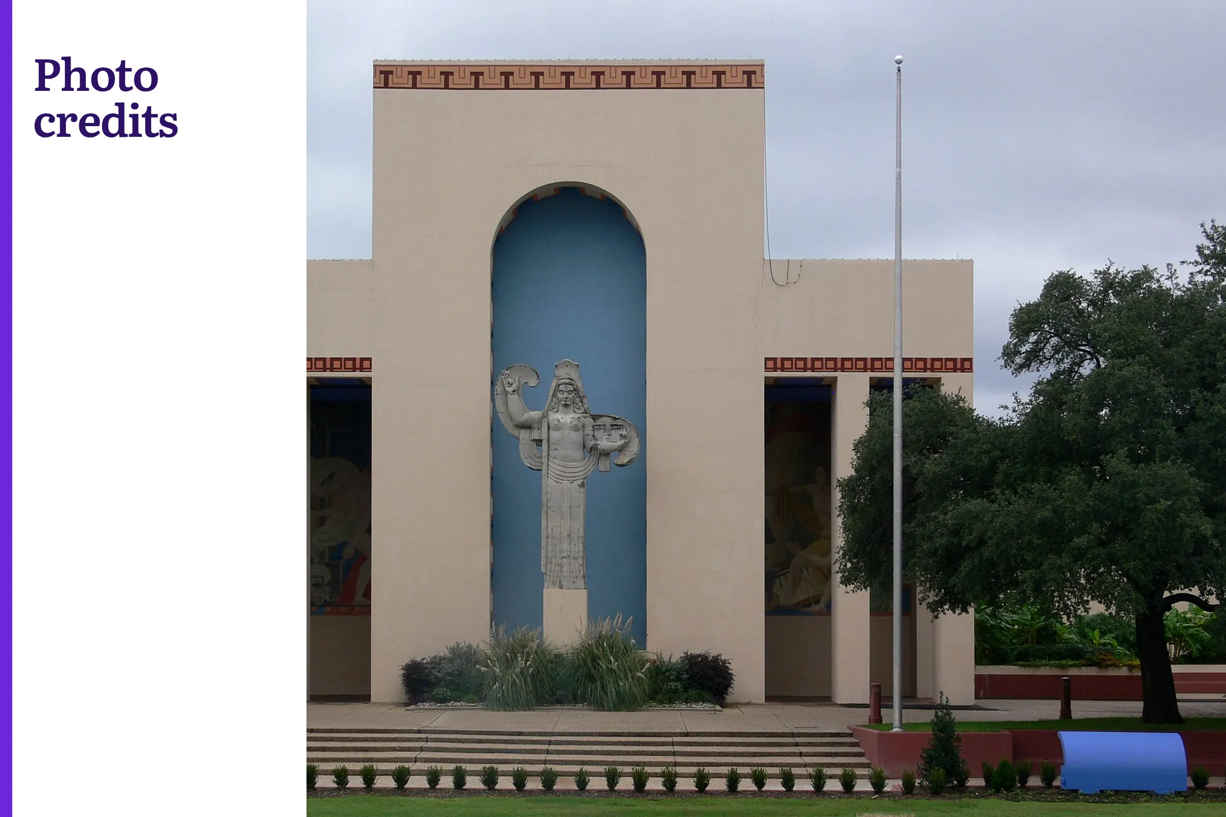 The Hall of State at Fair Park, with the words Photo credits