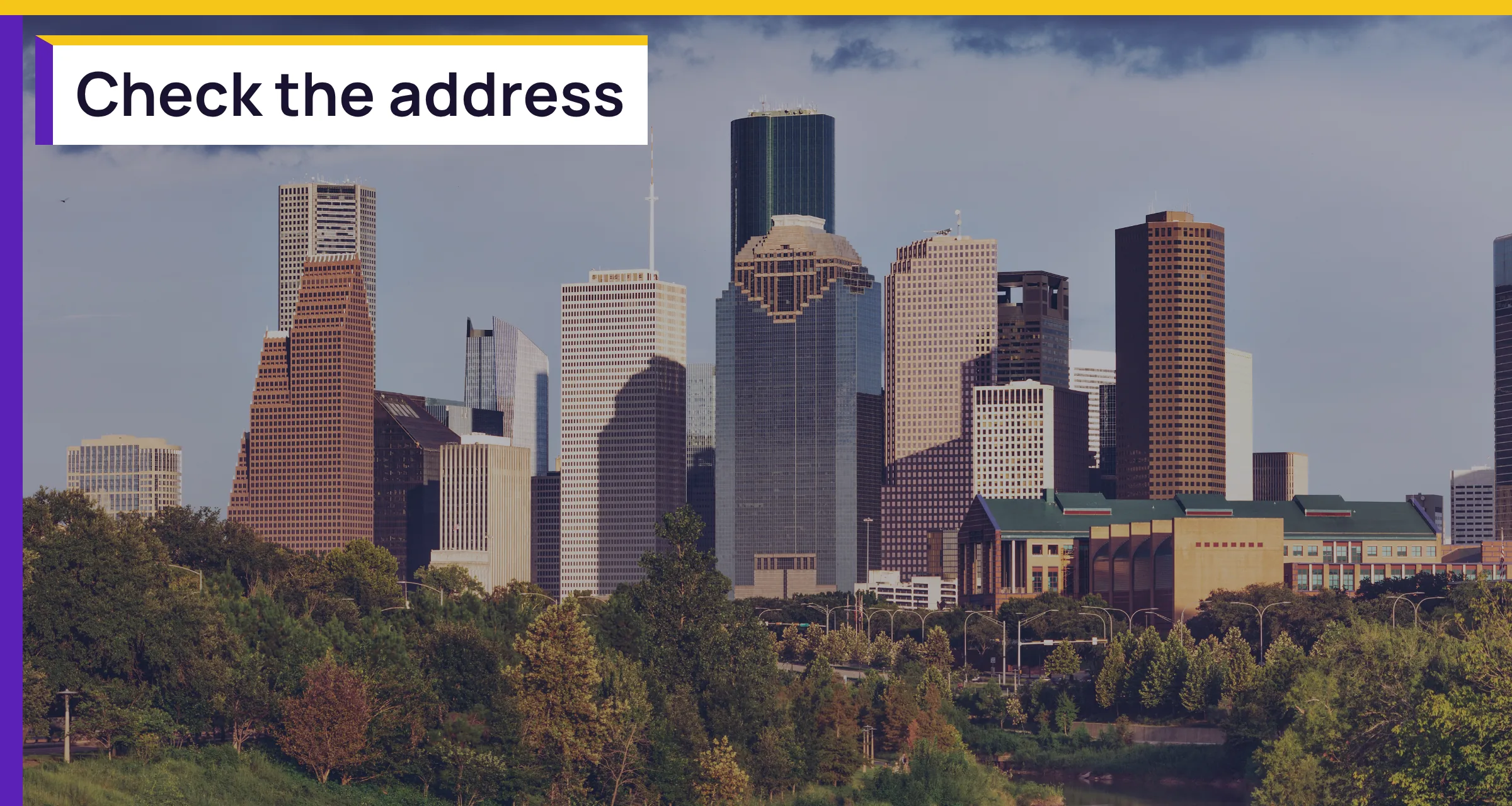 The downtown skyline, with the words Check the address