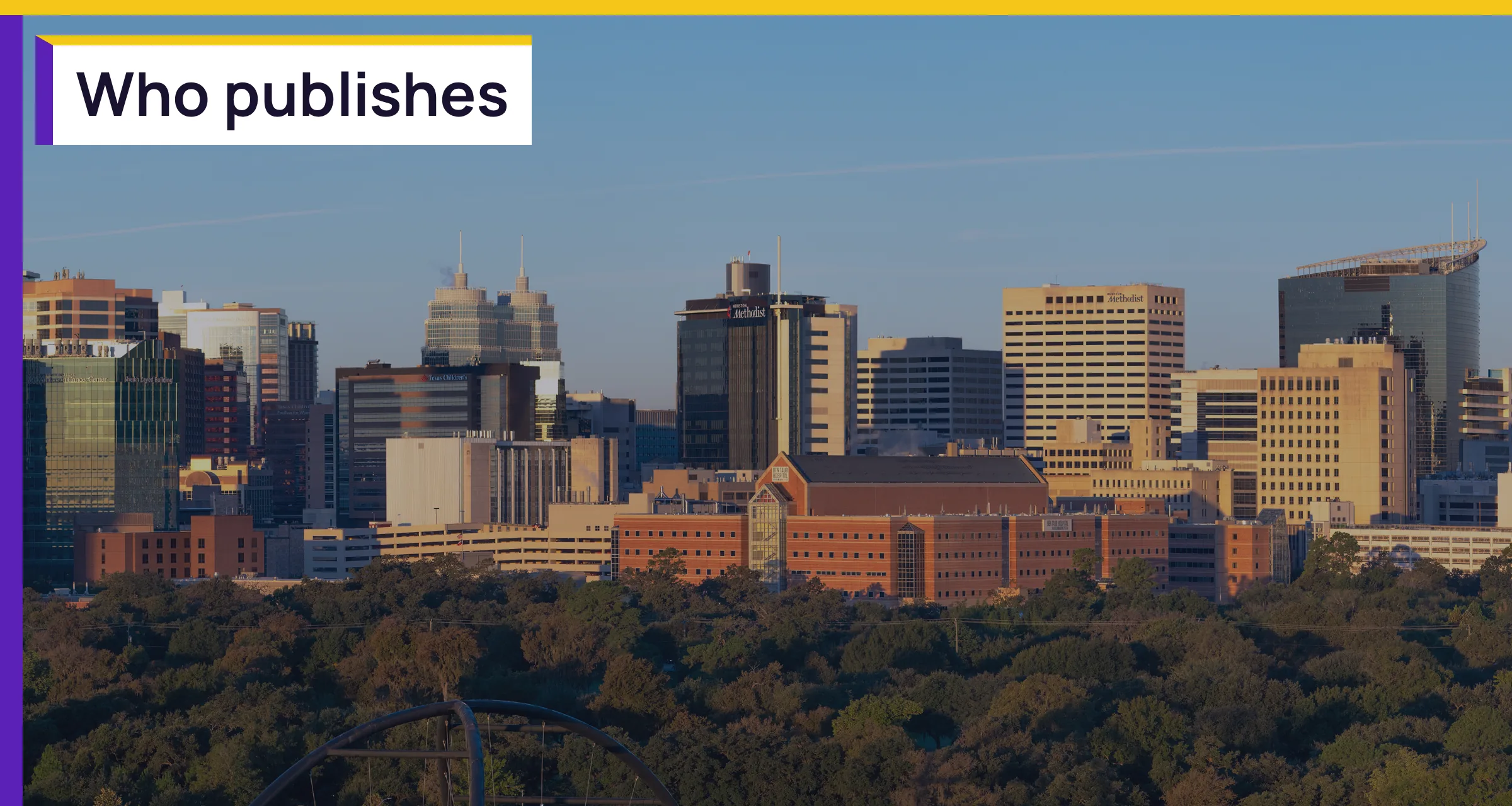 The Texas Medical Center skyline, with the words Who publishes