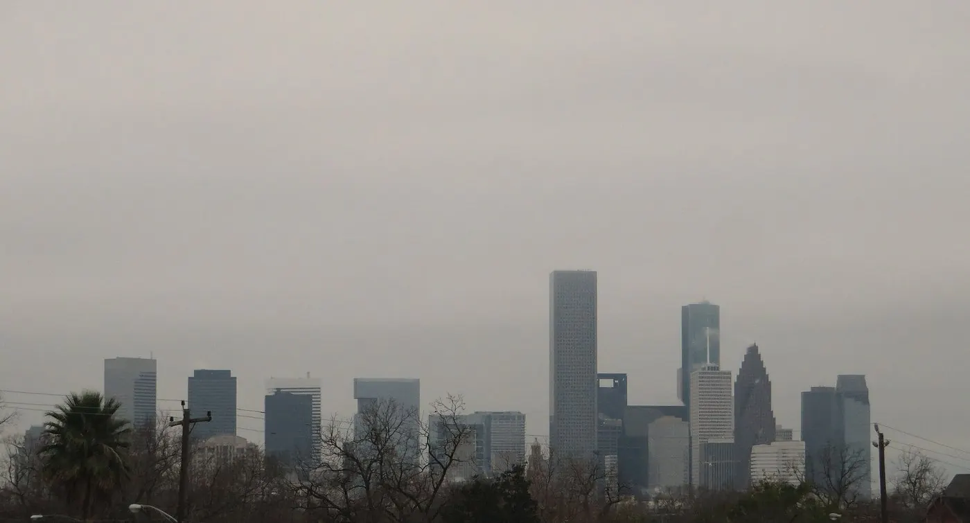 Downtown towers in haze beyond the trees