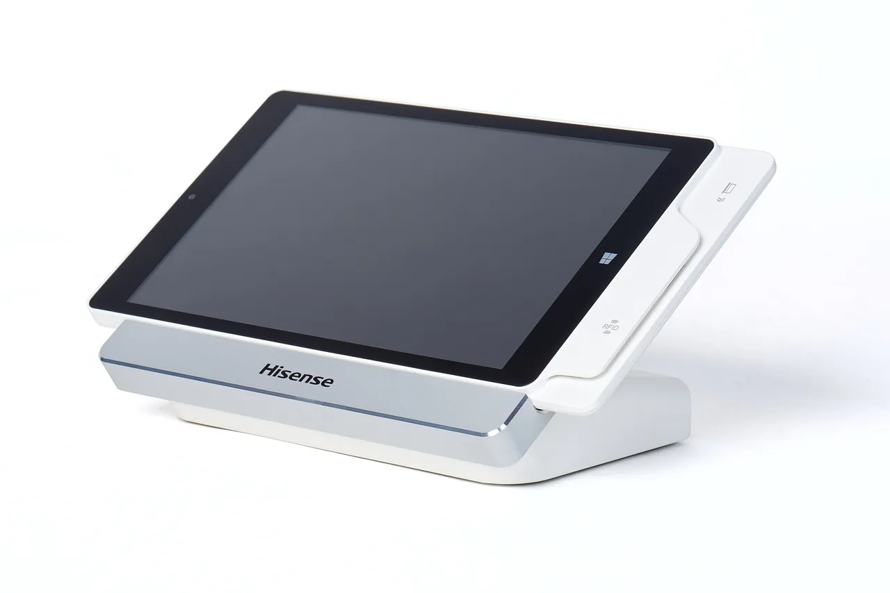 A payment tablet on a counter, with no readable account number.