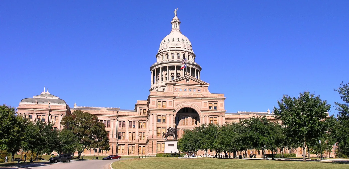The Texas State Capitol dome in Austin, seen from the grounds.
