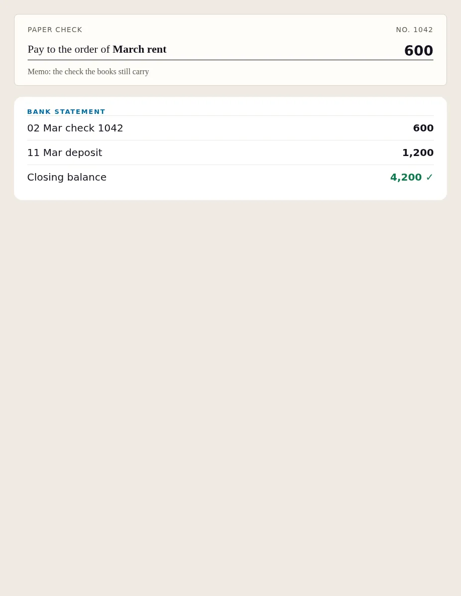 A paper check beside a bank statement, here because a parked balance starts as paper the bank can confirm.