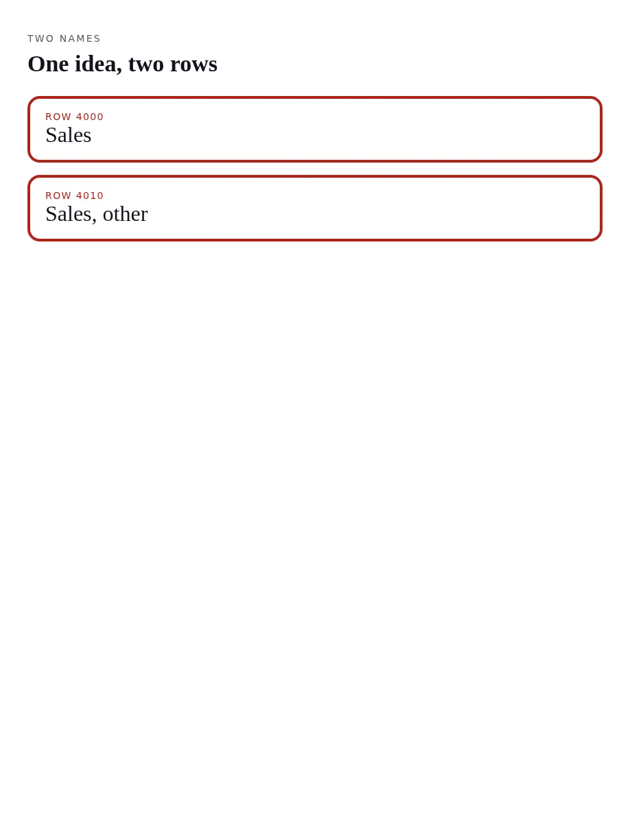 Two account lines circled on a page, here because two names for one idea are two rows.