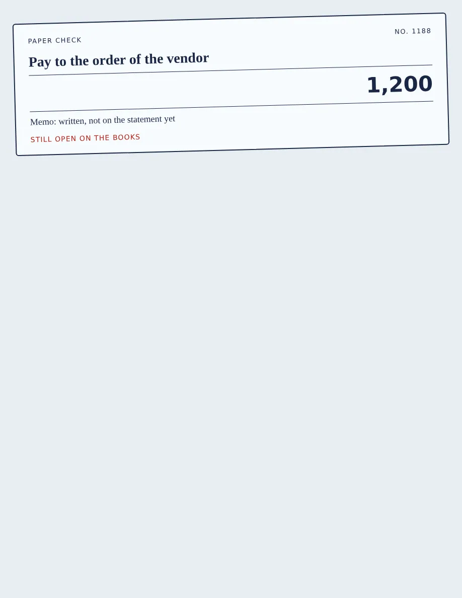A paper check still open, here because a check can sit on the books after the cash never leaves.