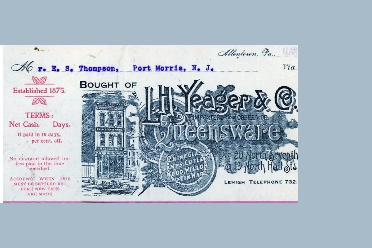An illustrated shop name across a bill, larger than the terms beside it.