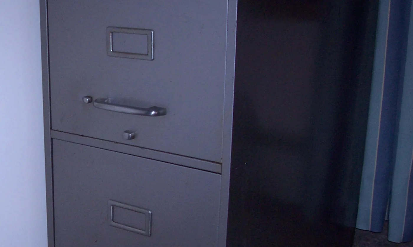 A two-drawer steel filing cabinet