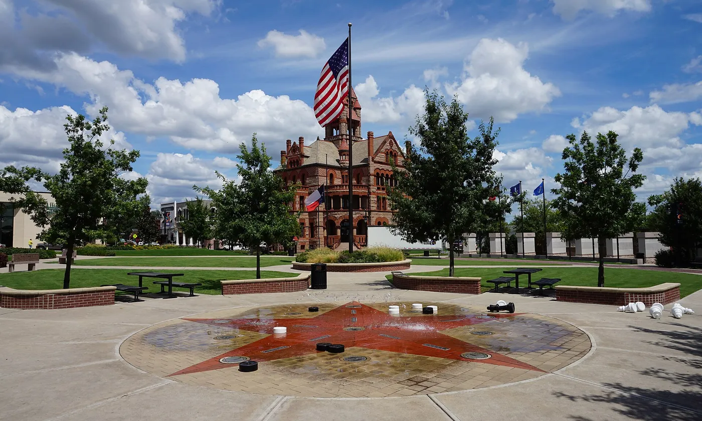 The courthouse square in Sulphur Springs, Texas, with a star set into the plaza