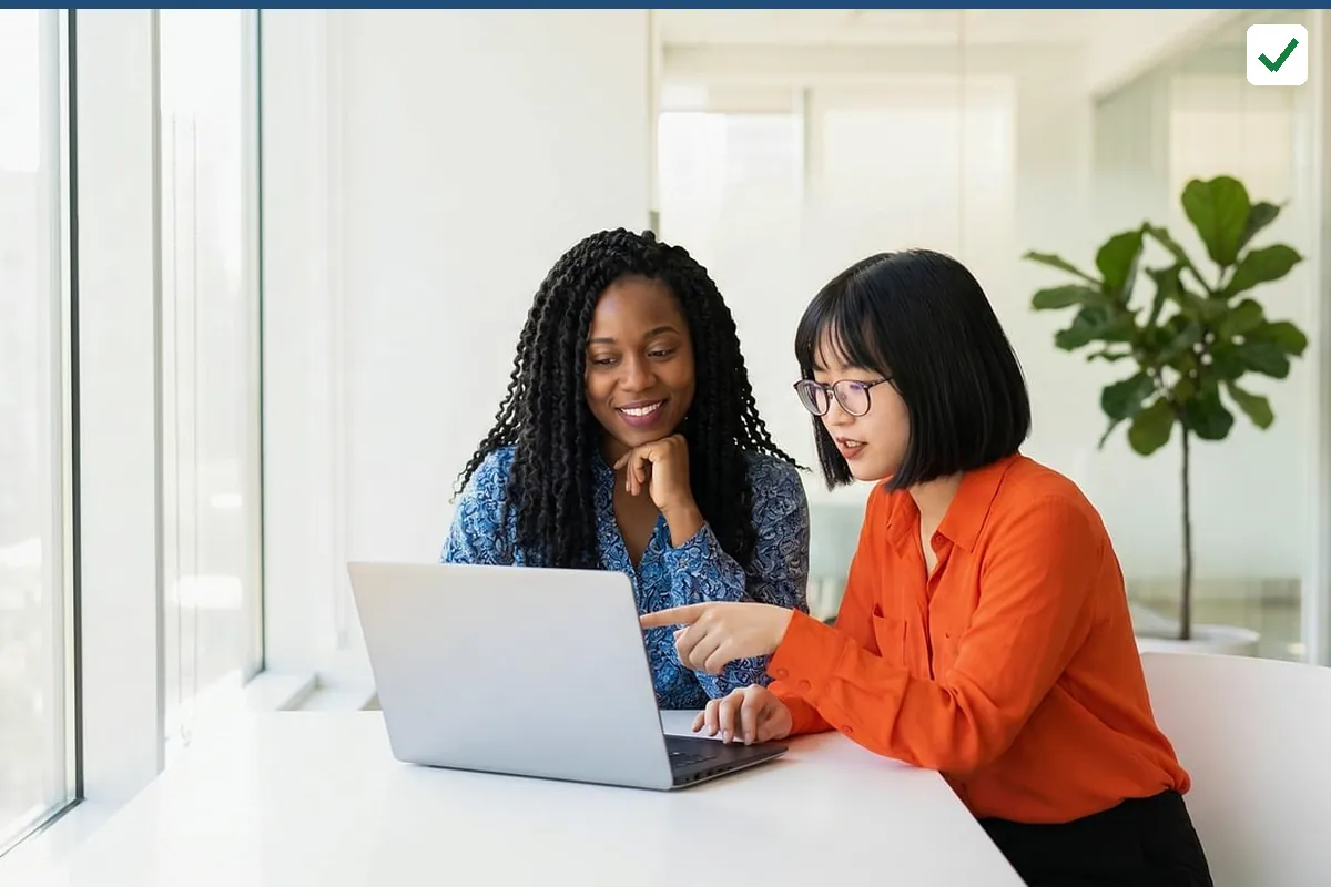 Two people looking at one laptop together at a white table