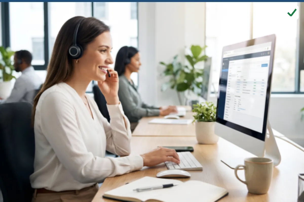 A person with a headset working at a desk with a monitor in a bright office