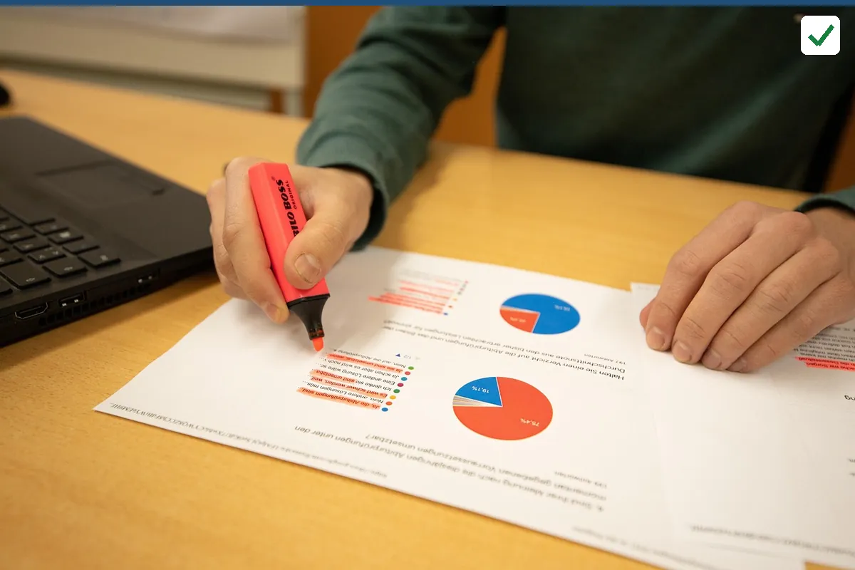 A hand with a red marker checking printed charts at a table beside a laptop
