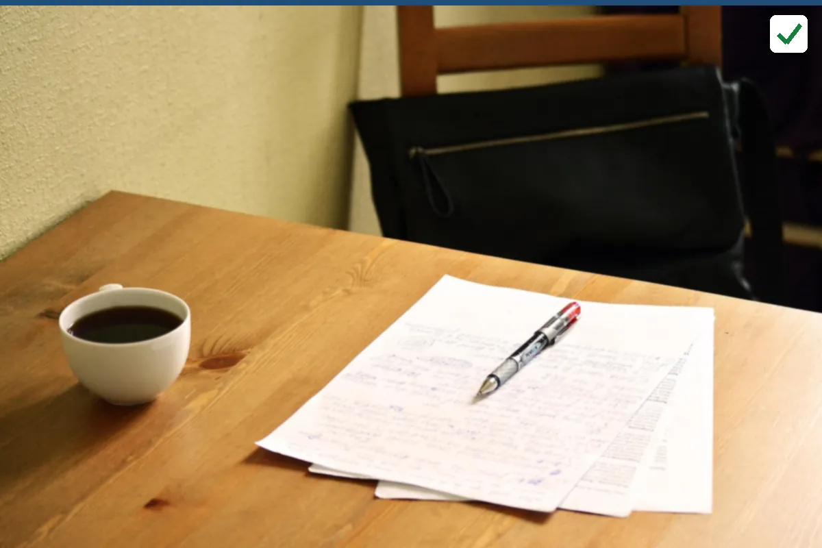 A few printed pages and a pen on a wooden table beside a cup of coffee