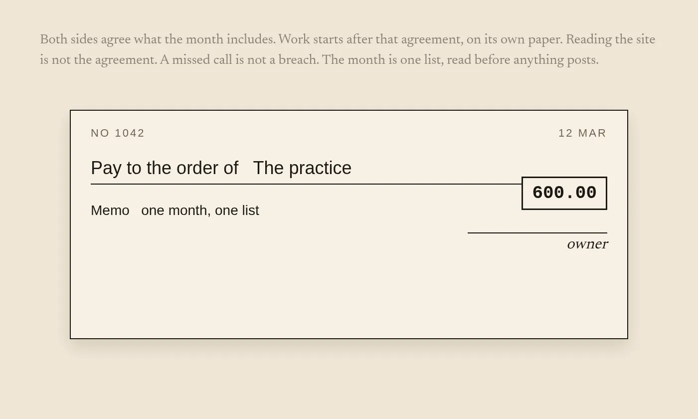 A paper check on a plain agreement, here because work starts only when both sides agree.