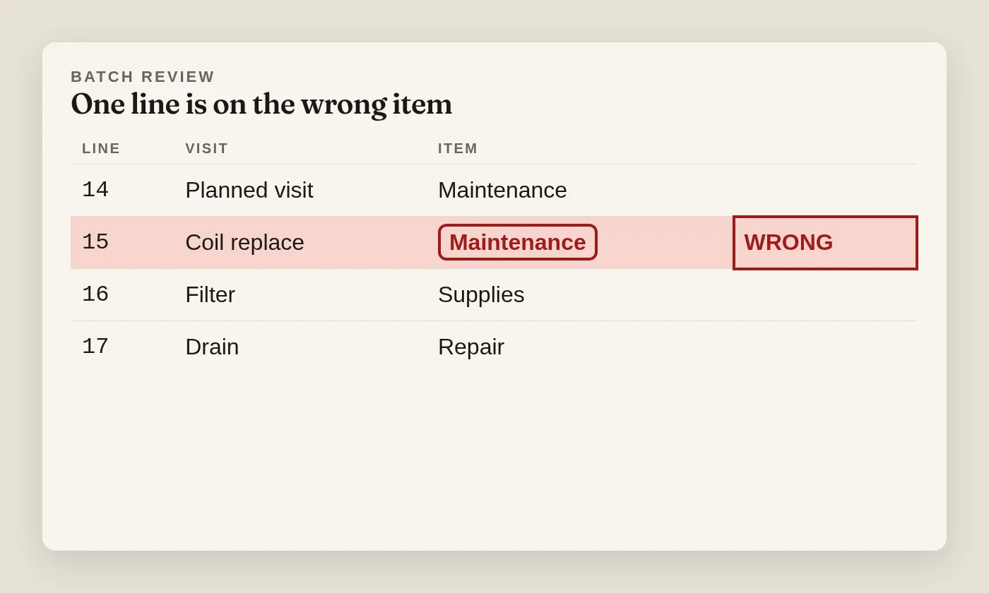 A review screen with one miscoded line marked, here because a visit on the wrong item changes the books.