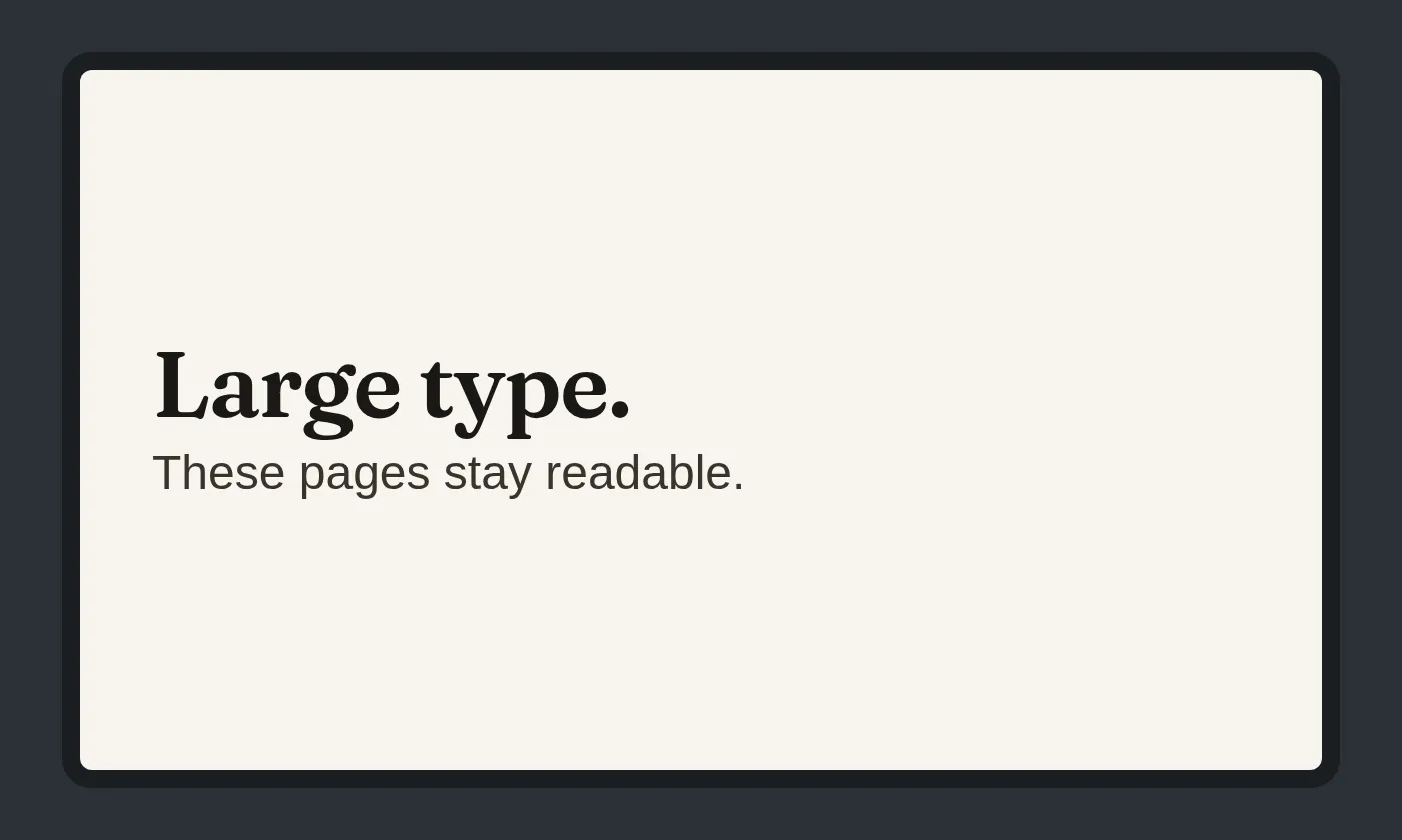 A laptop screen set in large type, here because these pages should stay readable.