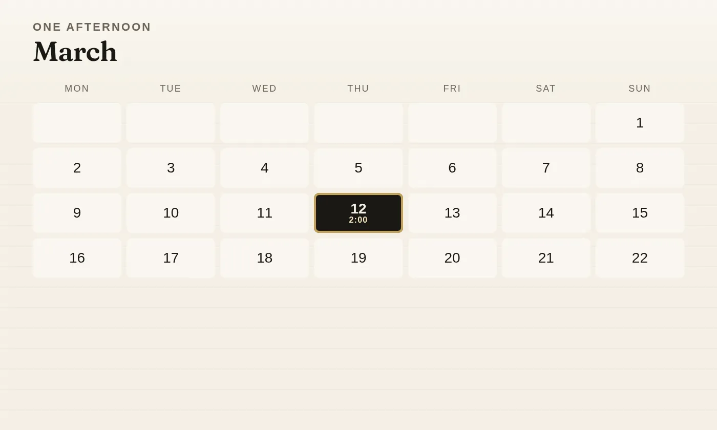 A March calendar with one afternoon left open, here because the half hour is a time you pick.