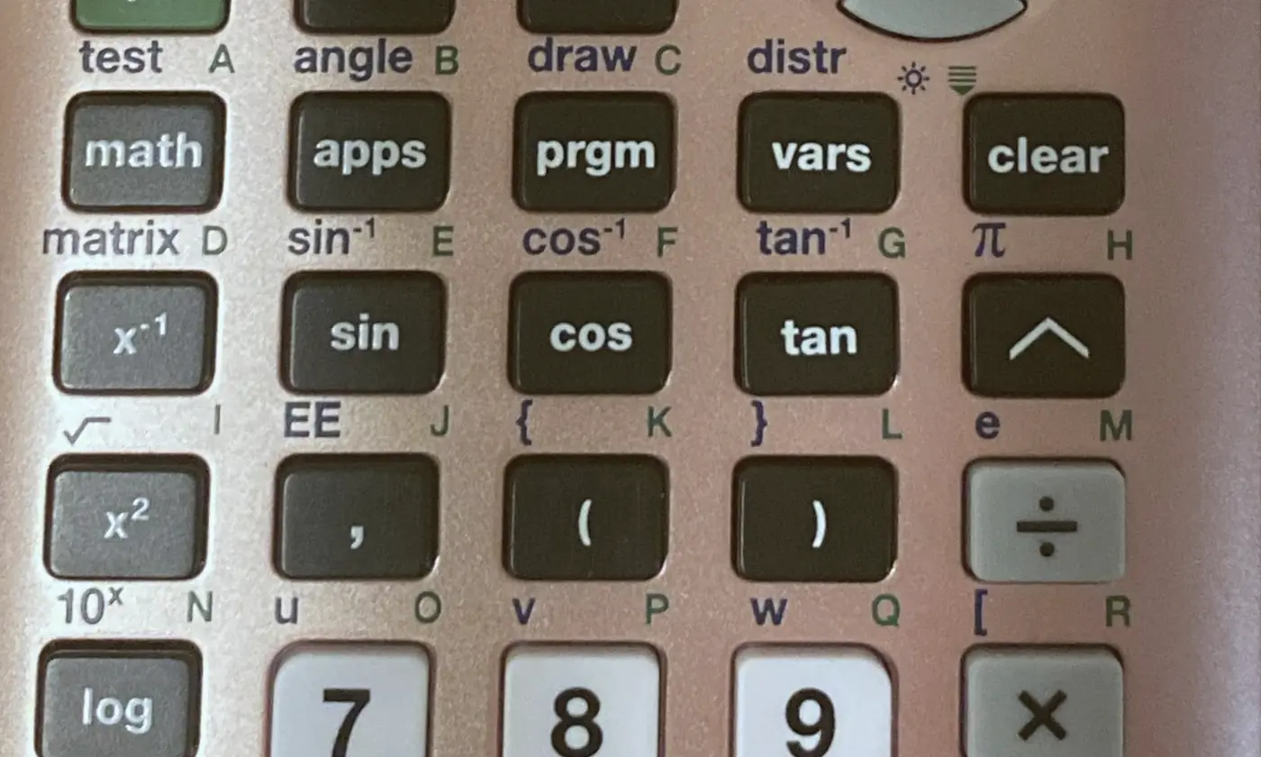 A graphing calculator, the keys in a tight grid